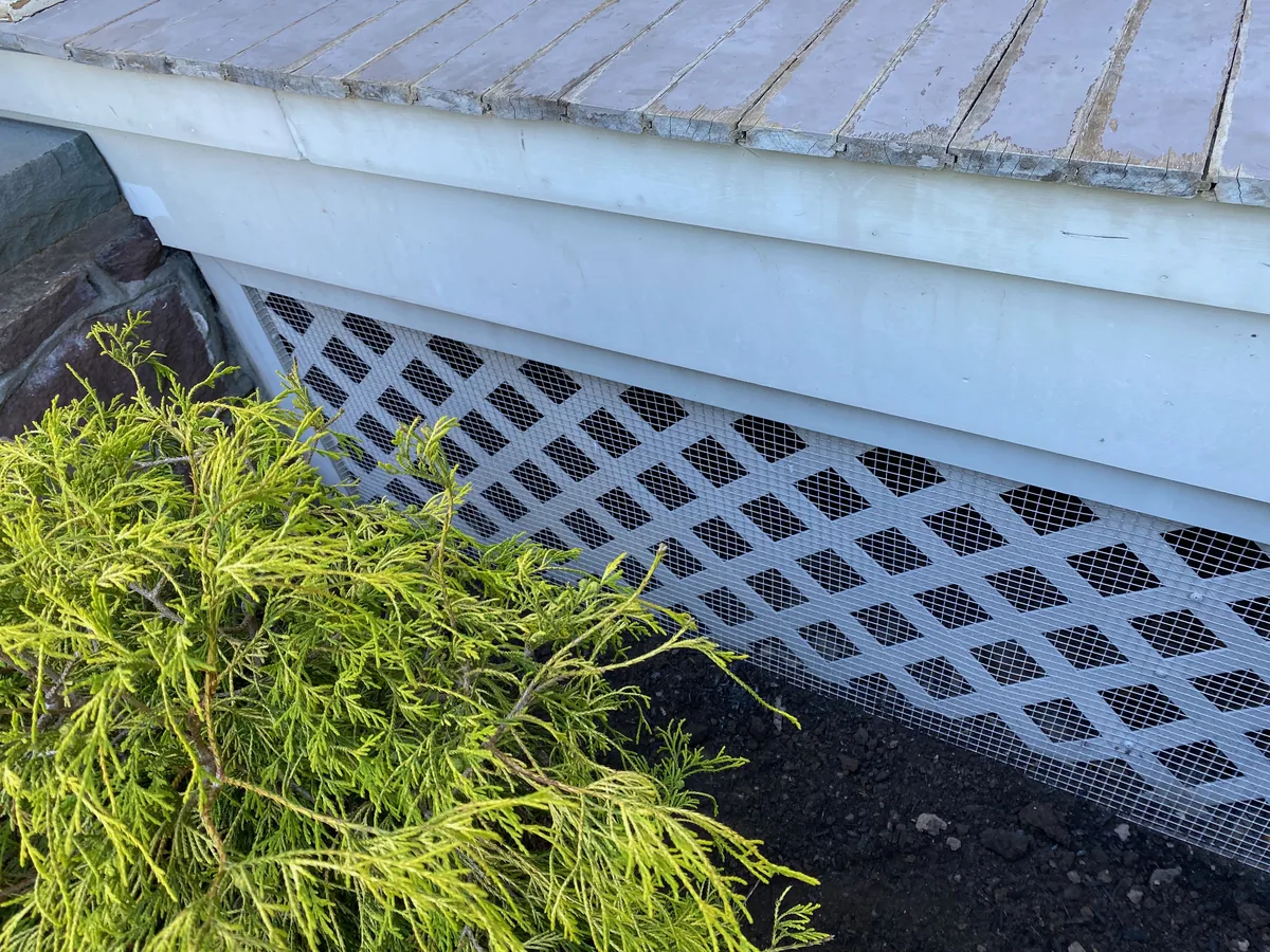 Finished white painted exclusion barrier sealing the base of a deck