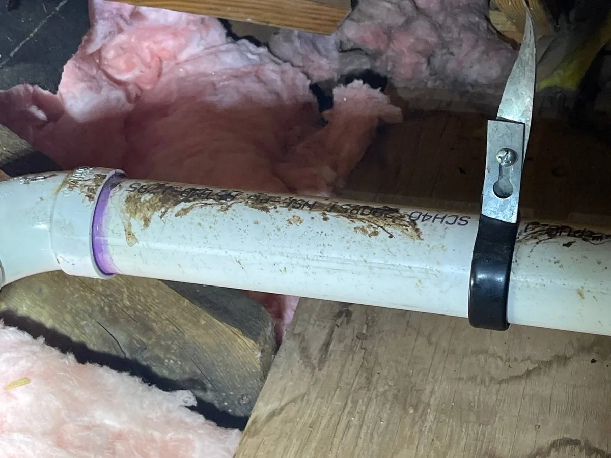 Dark rub staining left by mice along attic pipes