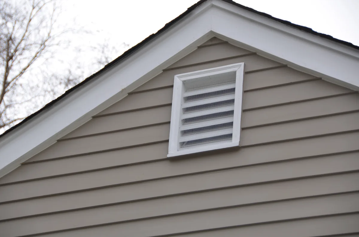 Attic gable vent screened and fascia caulked to seal out bat